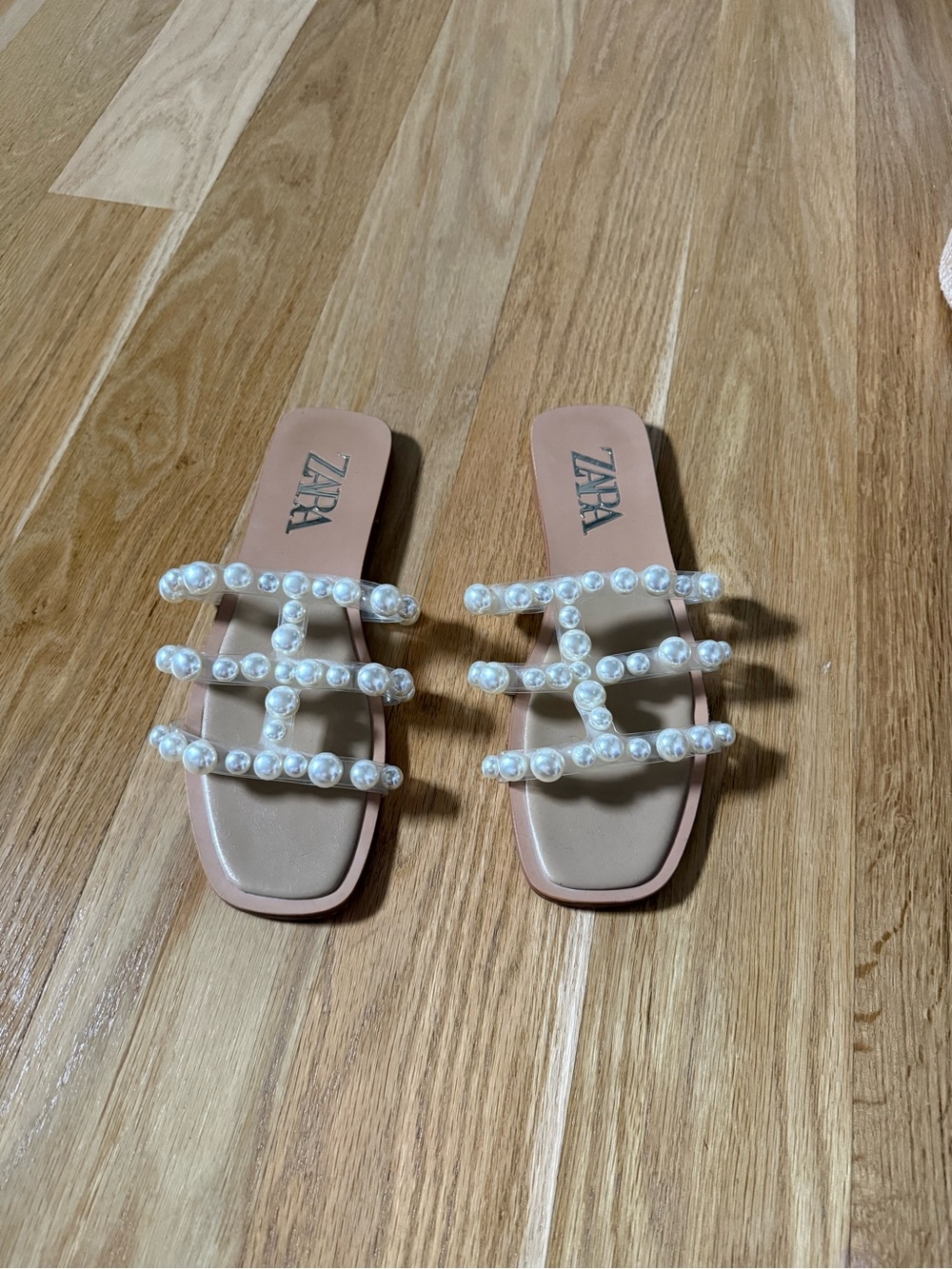 ZARA Blush Pink Pearl-Strap Slide Sandals